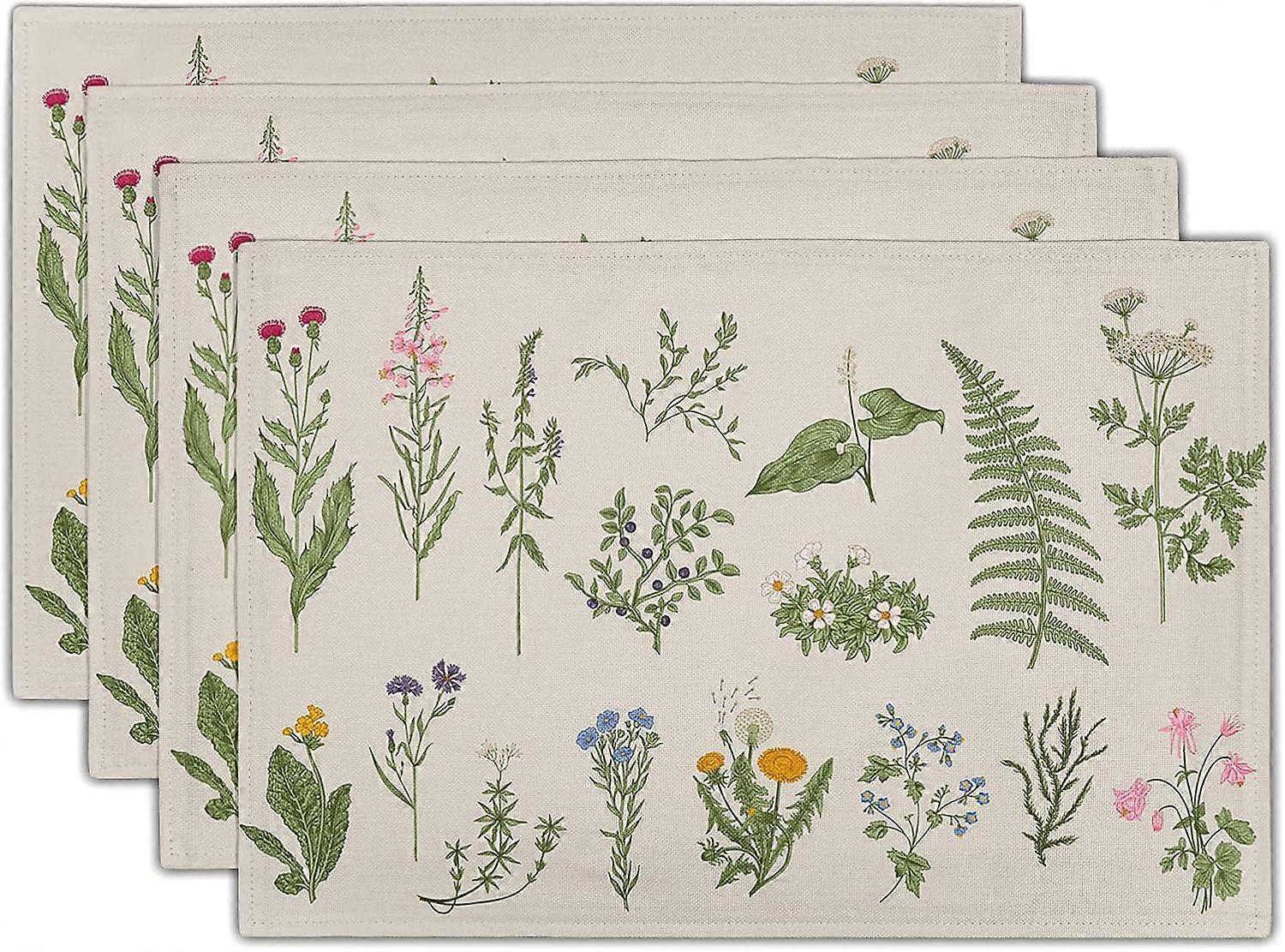 Herbs Floral Placemats Set of 4, Green Table Mats 12 X 18 Inch Botanical Classic Table Placmats, Washable Non-Slip Place Mats for Dining Kitchen Table