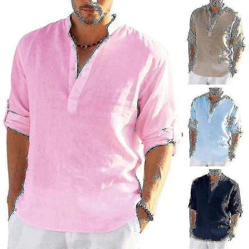 Herren Langarmiges Leinenhemd, Baumwoll- und Leinen-Freizeithemd, S-5XL Top