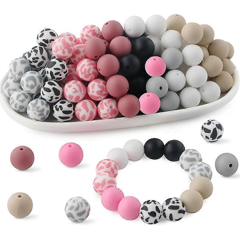 70PCS 15MM Round DIY Beads Cow Leopard Print Silicone Keychain Pen Jewelry Making Craft Supplies