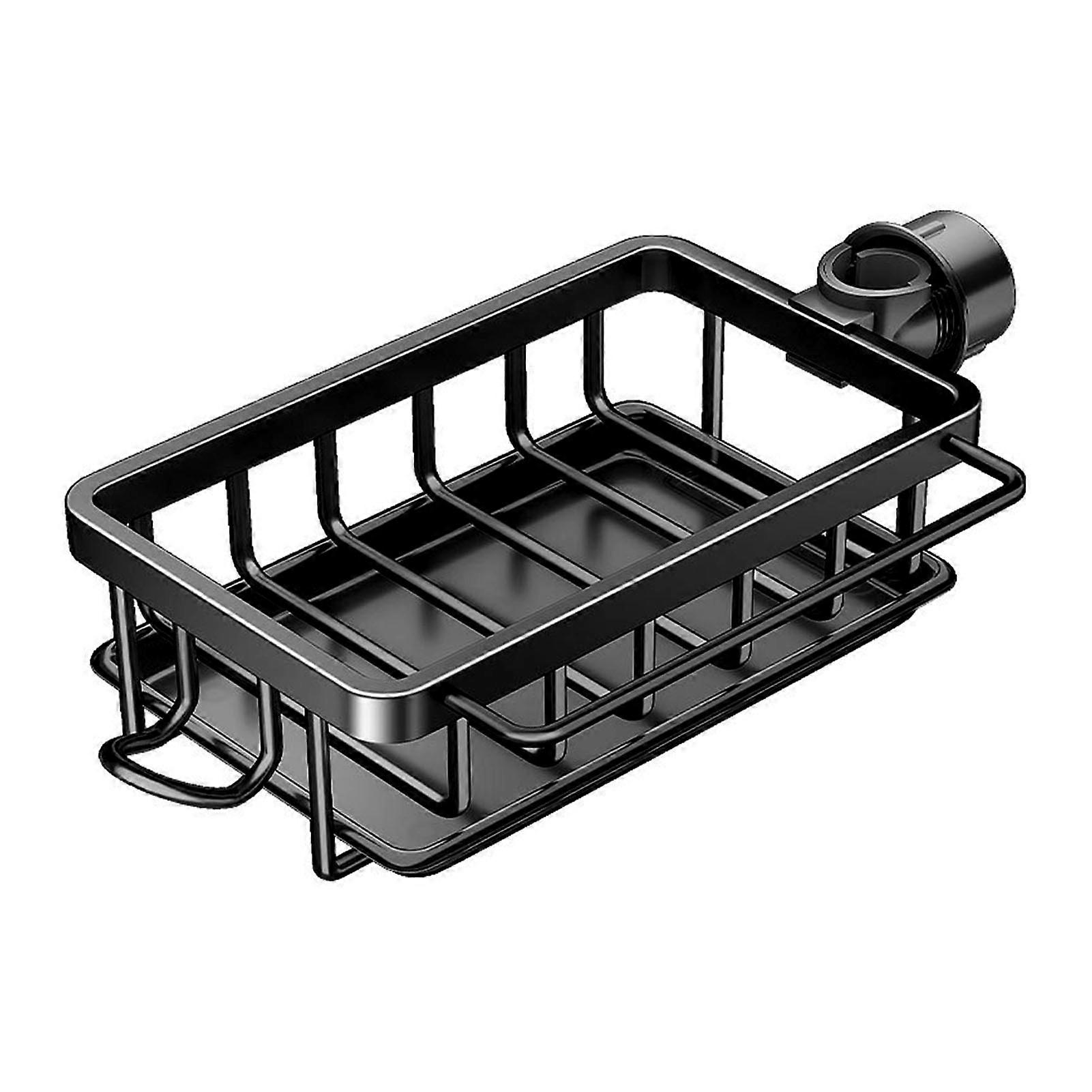 Kitchen Faucet Organizer Multifunctional Rustproof Sponge Dish Soap Brush Sink Caddy Holder with Drip Tray Black