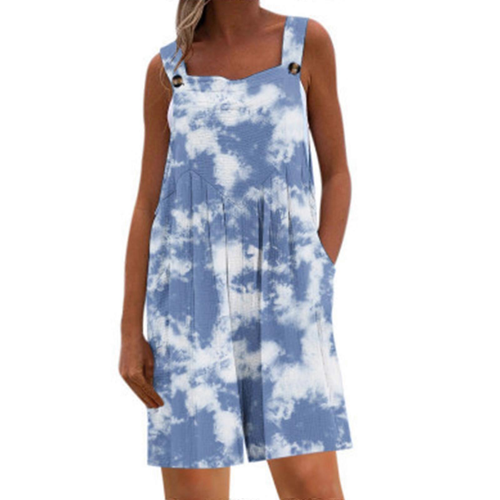 Summer Square Neck Romper Sleeveless Tanks Top Short Jumpsuit Romper Print Pattern Loose Fit Suspenders for Women  Sky Blue XL