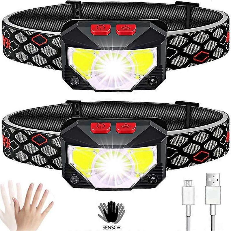 2 Pack Powerful LED Headlamp USB Rechargeable Waterproof for Camping and Hiking Light Sensor Light Tunnel 180