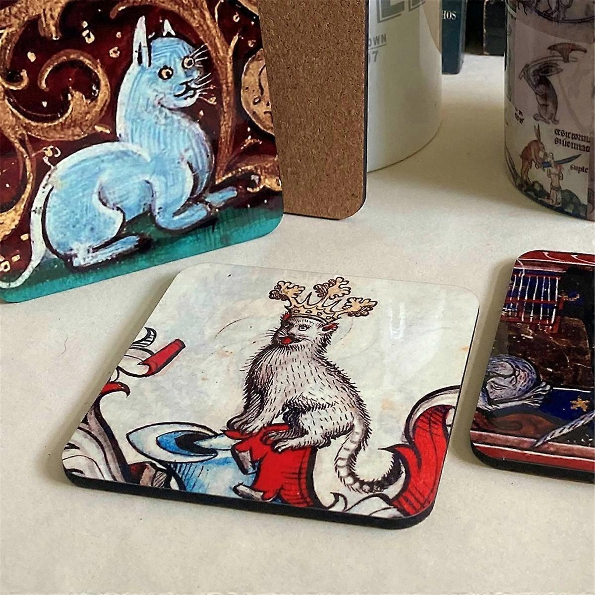 Medieval Cat Coasters for Drink Set Cat Pattern Round Coasters, A