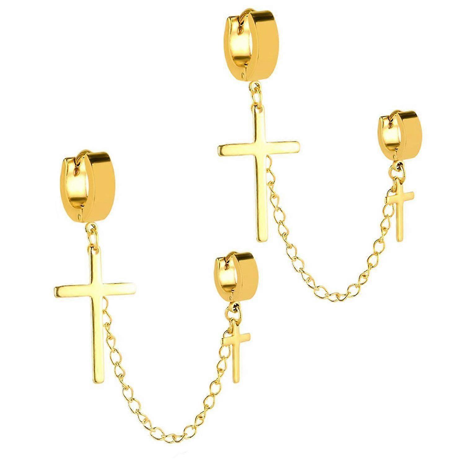 Goldene Doppelkreuz-Ohrhänger für Herren, 2er-Set aus Edelstahl