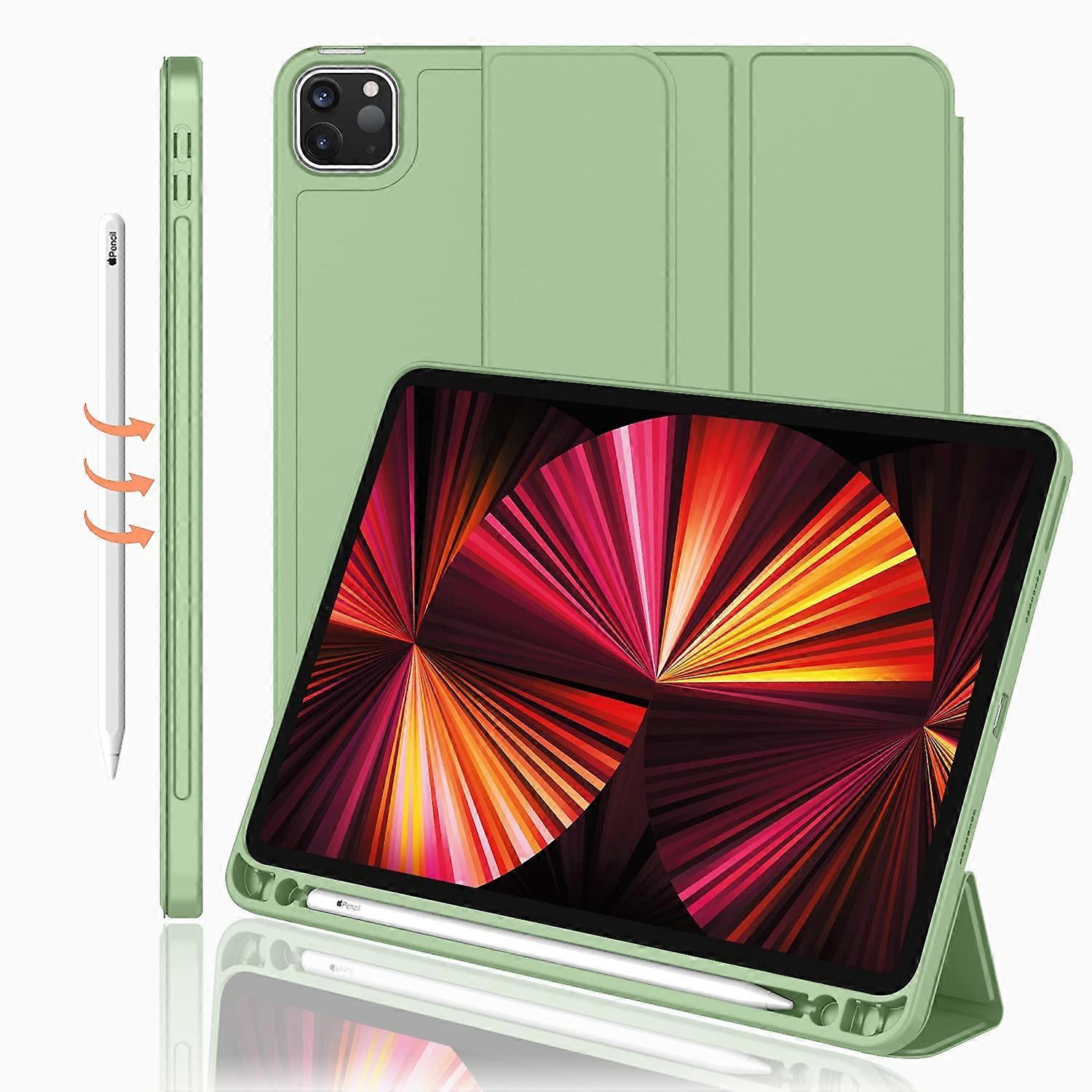 iPad Pro 11 Inch Case 2022 4th Gen 2021 3rd Gen with Pencil Holder Trifold Stand Soft TPU Auto Wake Sleep Matcha Green