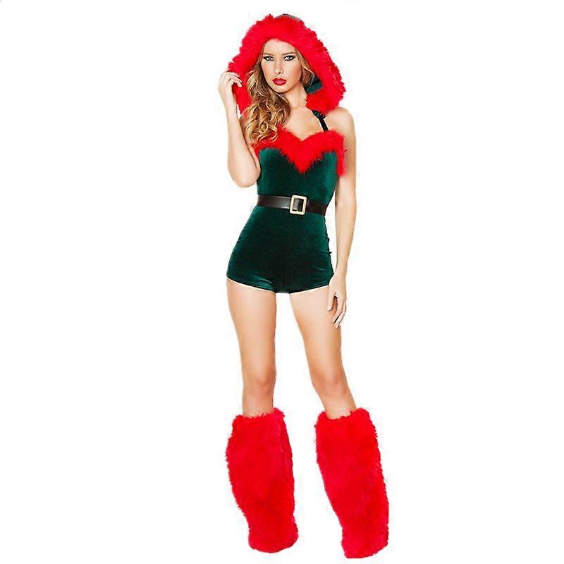 大人 女性 レッドグリーン クリスマス サンタクロースコスチューム コスプレ グリーンエルフ ボディスーツ 帽子付き+レッグウォーマー