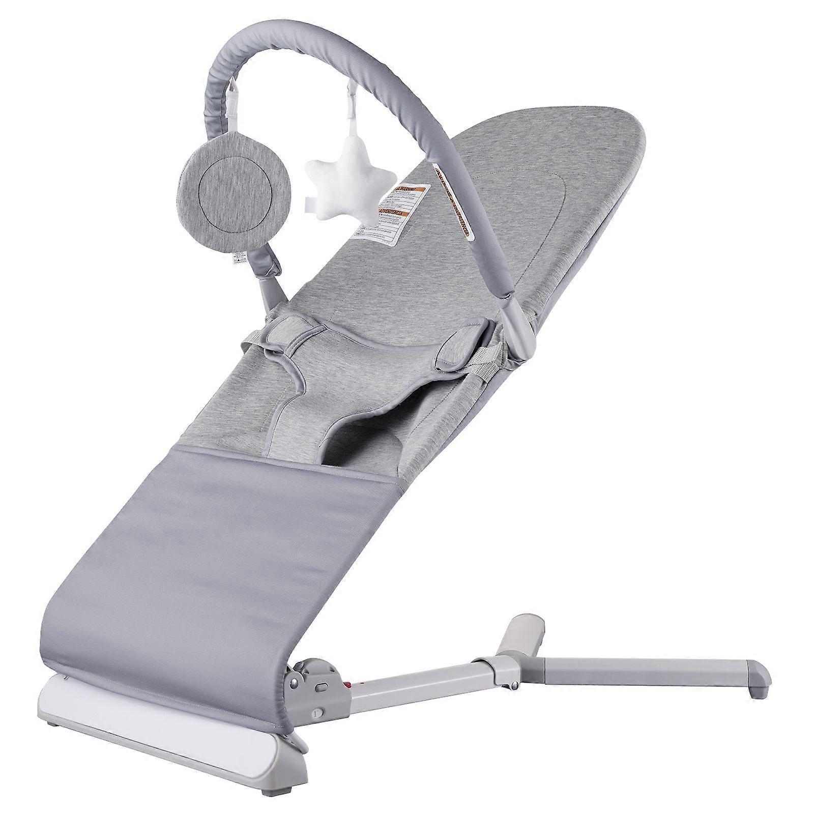 Folding Baby Bouncer with 2 Reclining Angles & Rotatable Toy Bar for Babies 0-9 Months, Portable Infant Rocker with Travel Bag, Light Gray