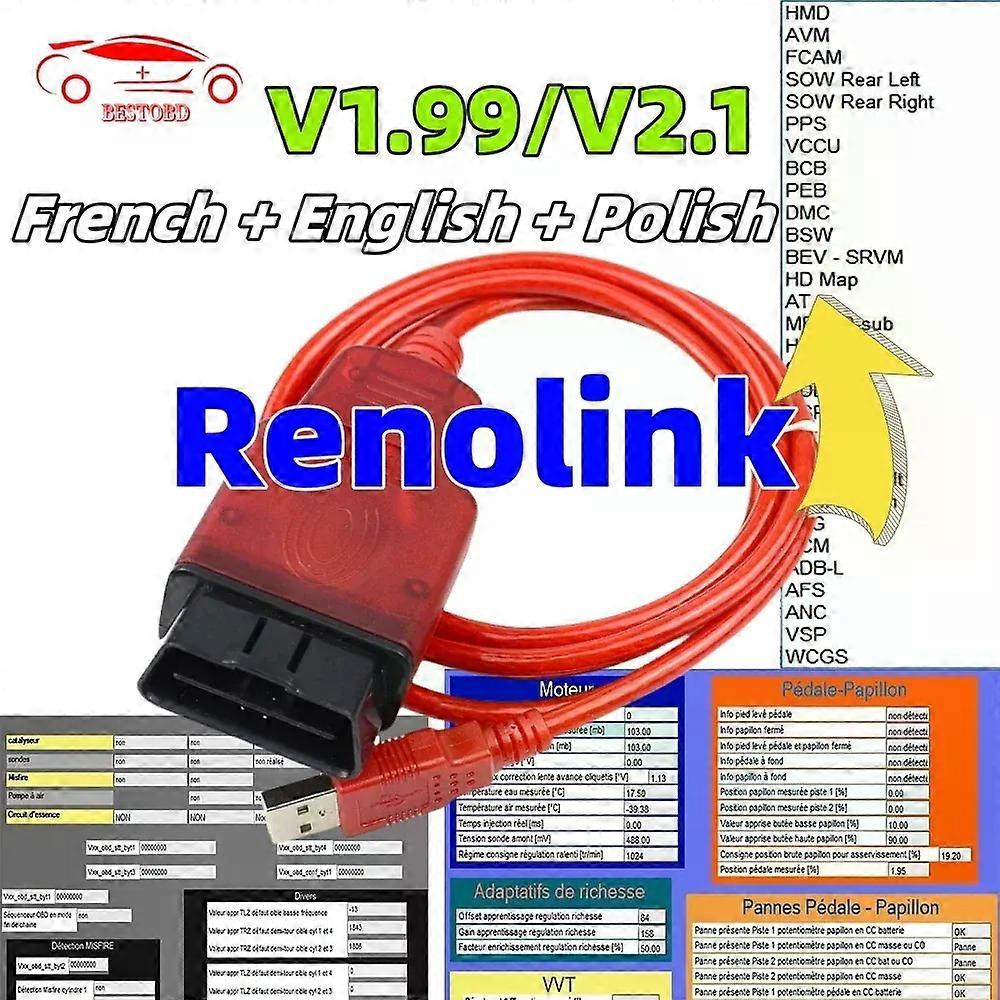 New Renolink V2.10 V1.99 For Renault Car OBD2 Airbag Reset OBD 2 Car Diagnostic Auto Tool ECM UCH Key ECU Programmer Link Tool