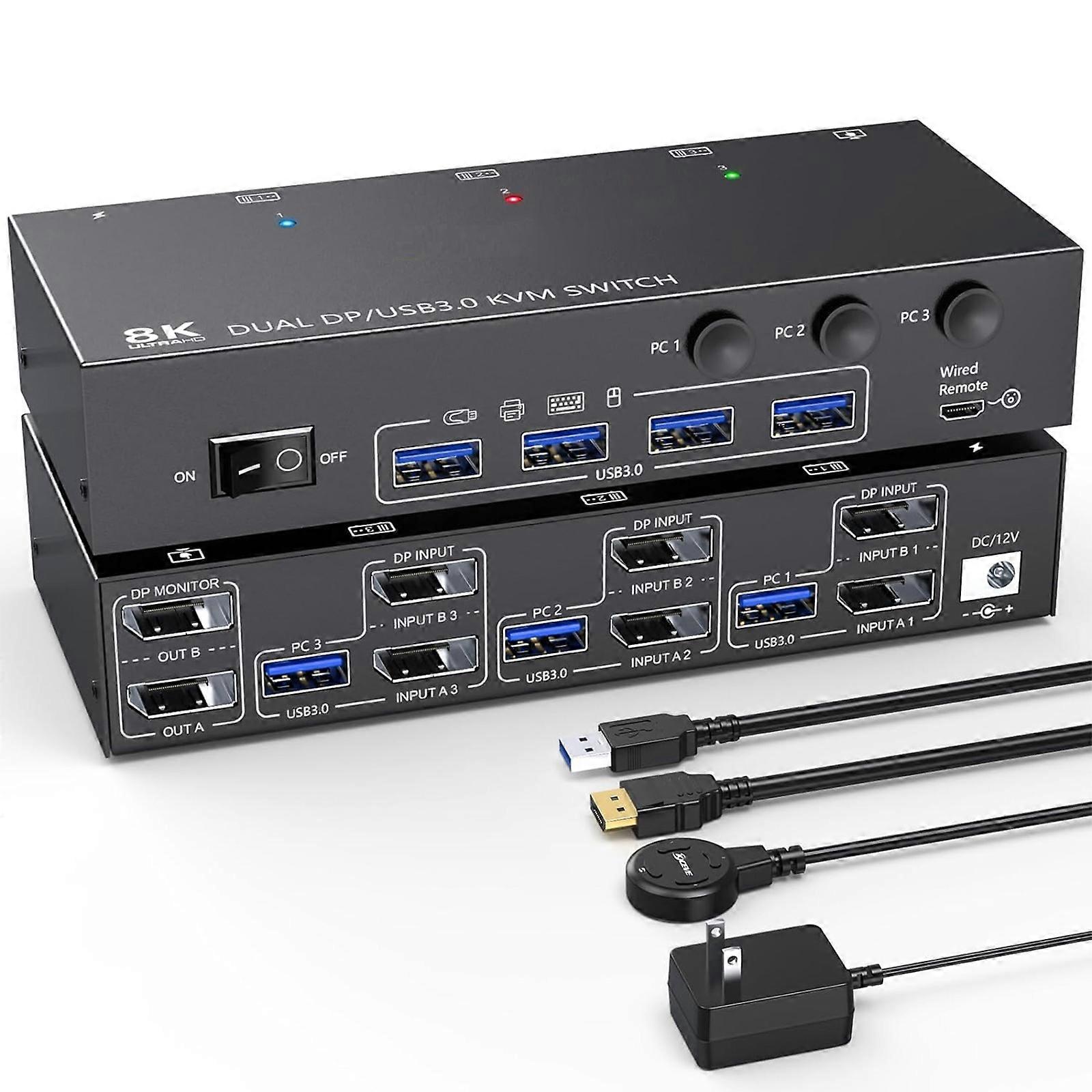 8K USB3.0 Displayport KVM Switchs 2Monitors 3Computer 8K@30Hz 4K@144Hz for Easy Device Management for USB Device
