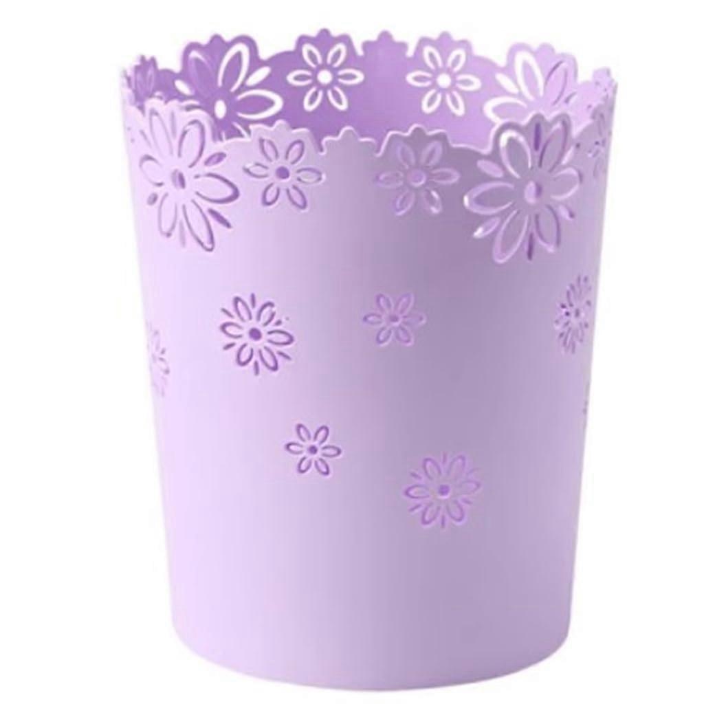 Plastic Waste Paper Container 6.3 x 7.3 Inch Purple Lightweight Round Trash Can for Bedroom Bathroom Flower Lace Design