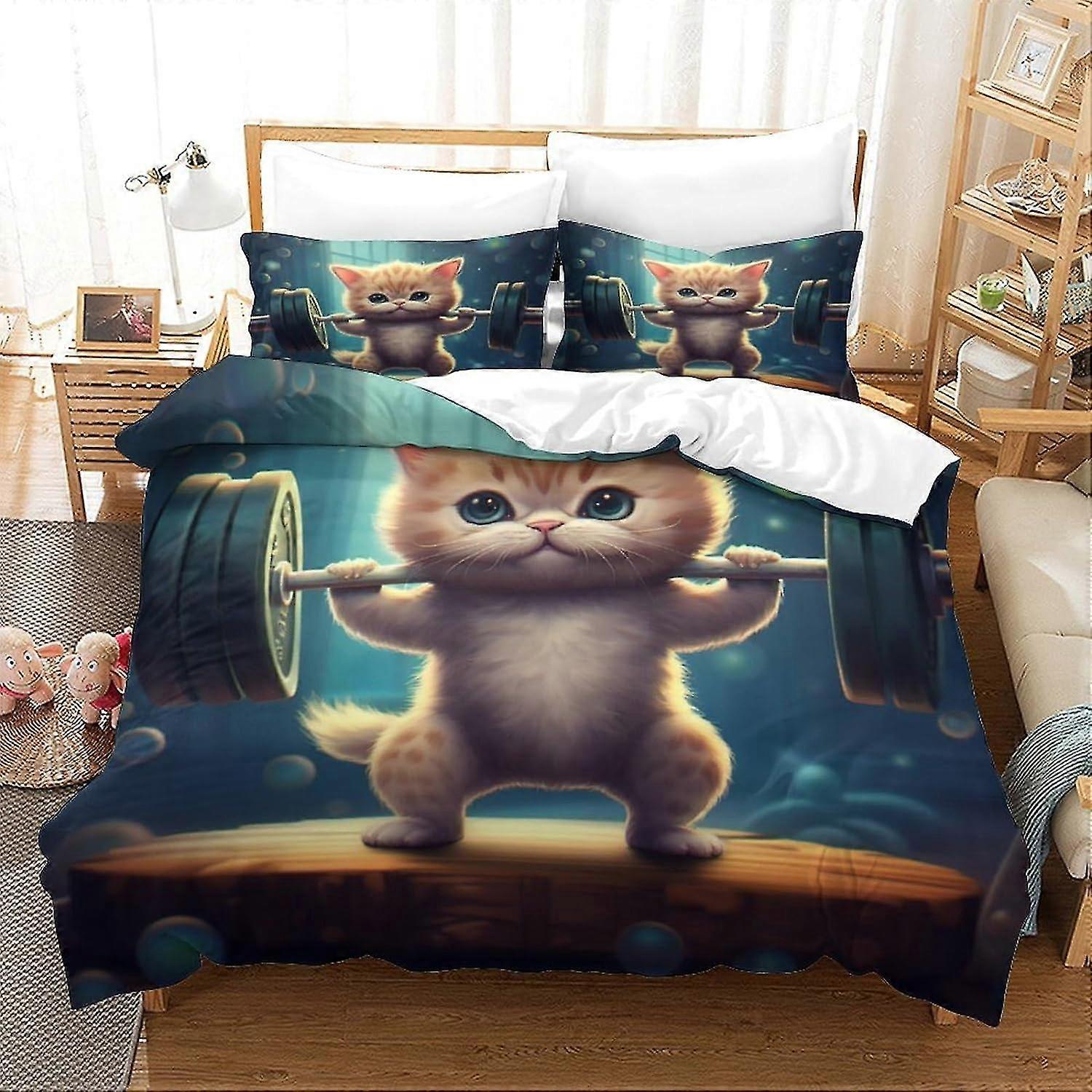 3D Printed Cat Who Loves Fitness Duvet Cover Set Weightlifting Bedding Set, Soft Microfibre, 2 Pillowcases, Hidden Zip