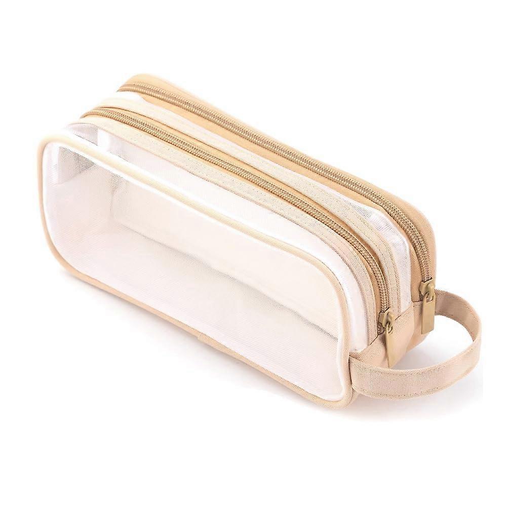 1 Piece Grid Mesh Pencil Case Pencil Bag Multifunctional Transparent for Students Teens Light Brown Tan, light brown