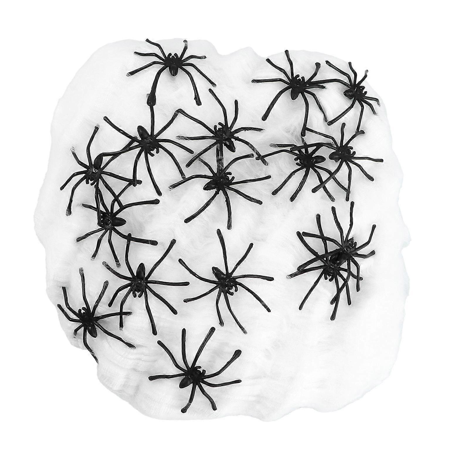 Halloween Spider Props Set with Black Cotton Web and Small Spiders – Realistic Design Decoration for Indoor Outdoor Party Festival Scary Atmosphere