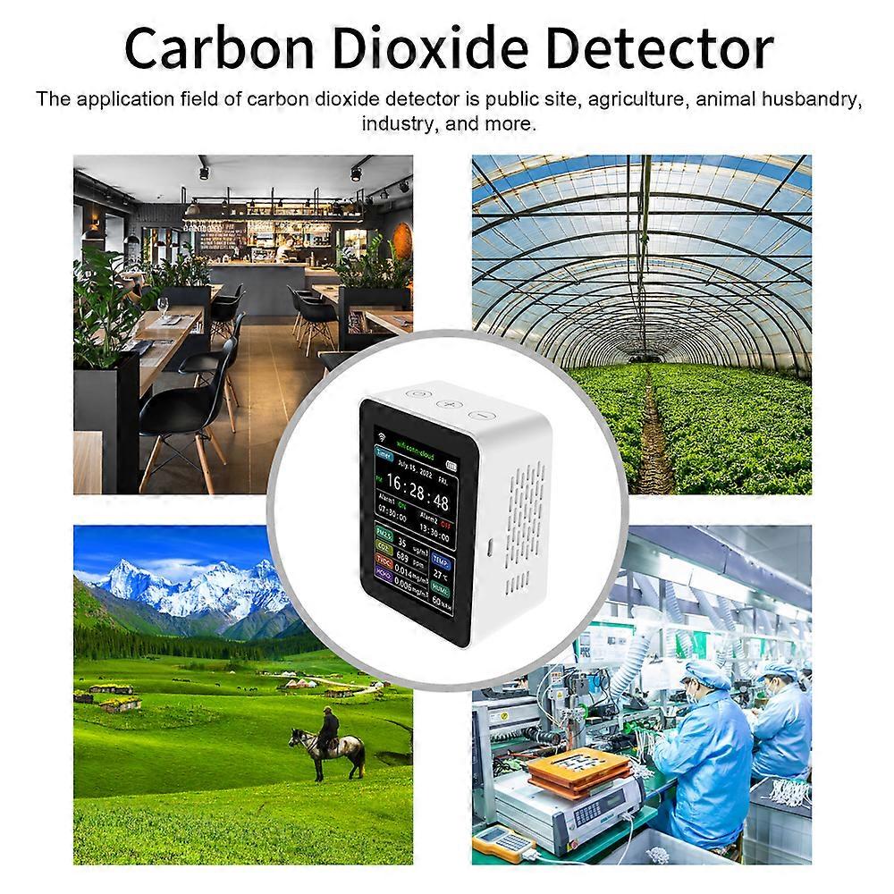 Tuya WiFi Intelligent Air Quality Detector PM2.5 CO2 TVOC HCHO Temperature Humidity 6 In 1 Detector Time Date Week Display Mobilephone APP Remotes Vi