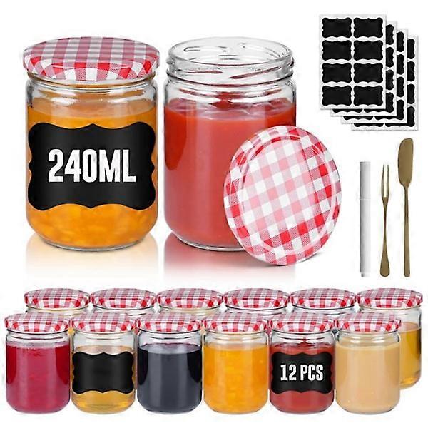 UISEBRT 12-Pack Jam Jars 240ml Airtight Storage Containers with Labels, Pen, Spatula and Fork, Red Red