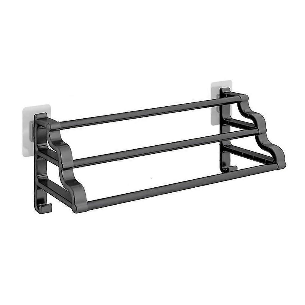 Wallmounted black towel rack with 3 tiers, ladder rungs, shelf hooks, and hangers, ideal for bathrooms and kitchens, 50 cm length, singlecolored.