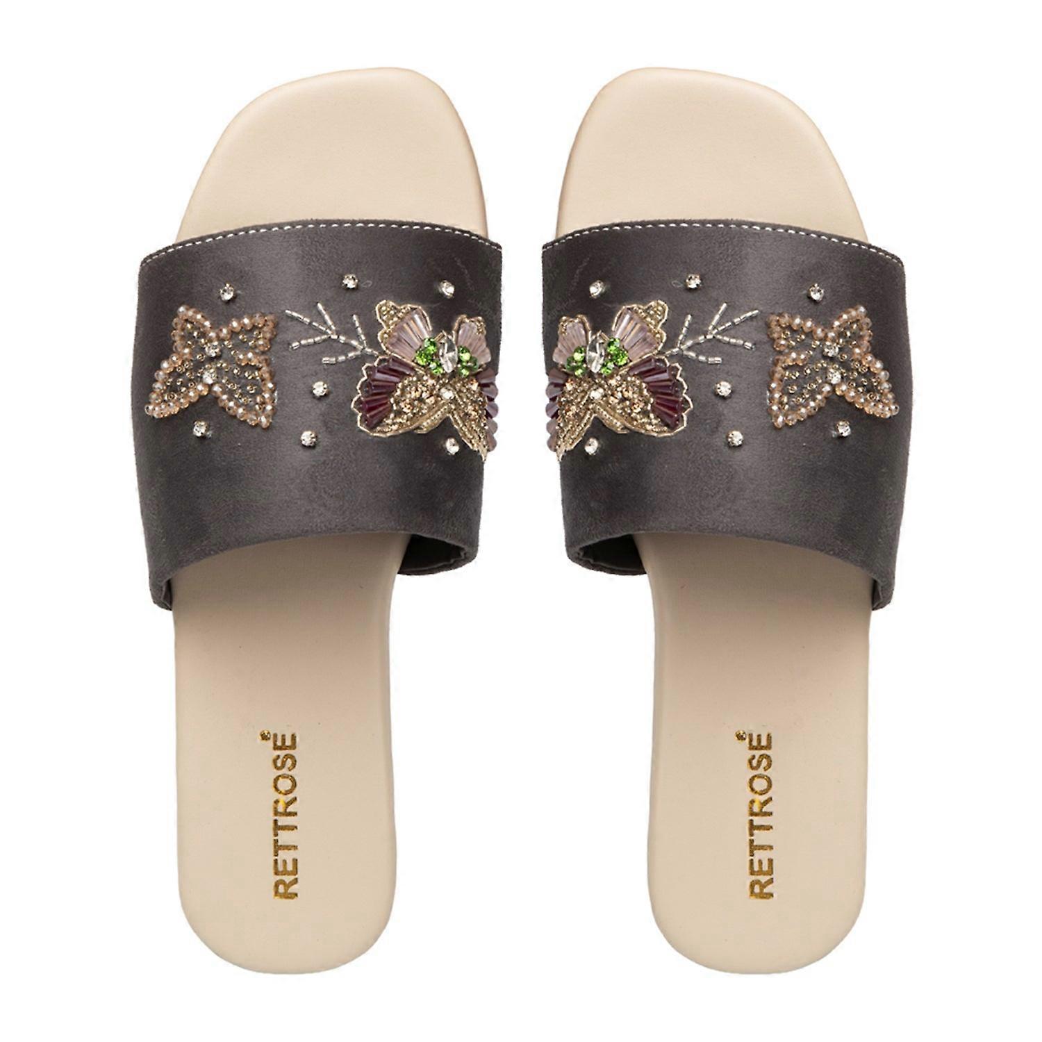 Rettrose saylor women’s luxury sliders – brown & beige handmade comfortable slippers with diamanté appliqué | elegant footwear