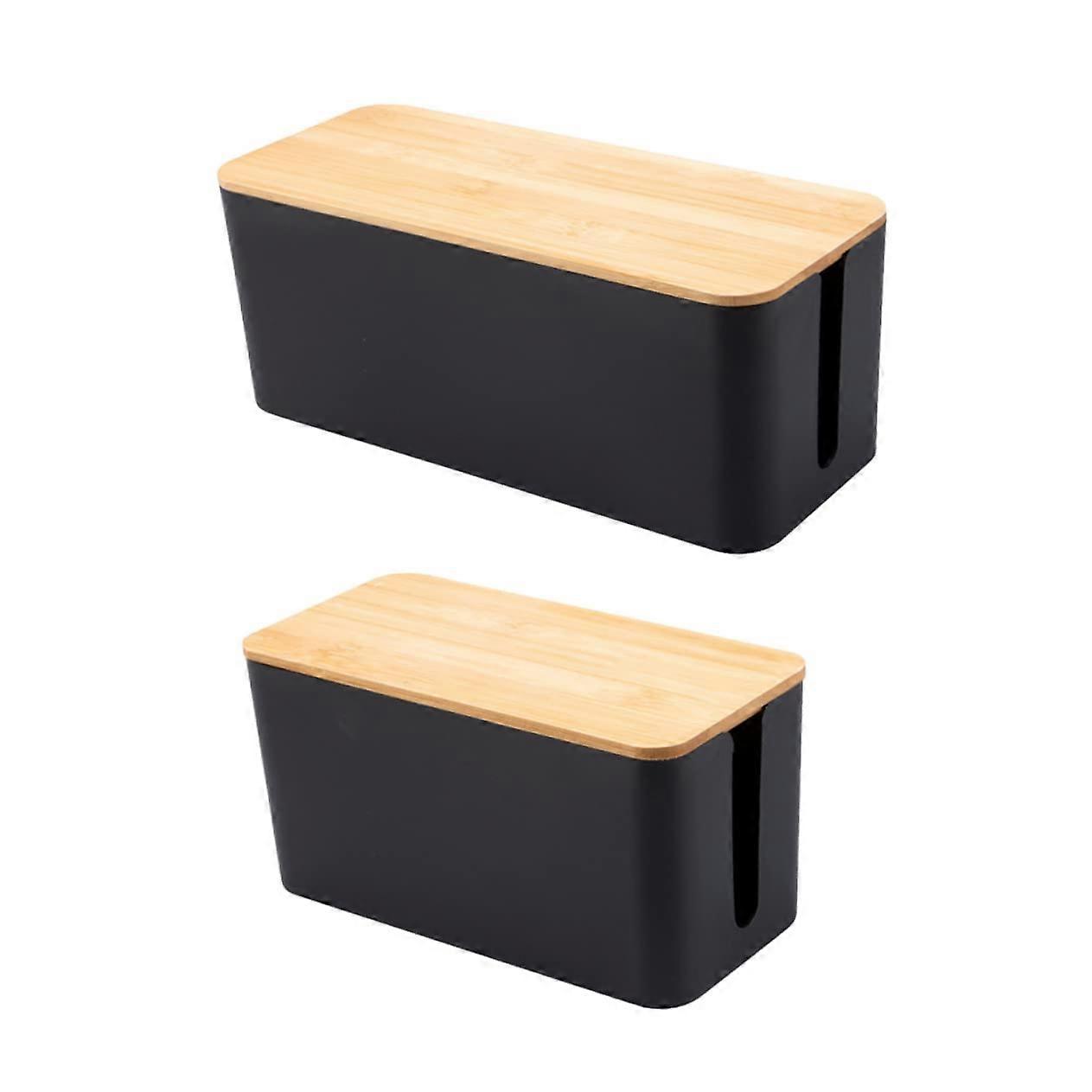 2 Pack Cable Management Boxes with Wooden Lids for Home Office Cord Organizer and Wire Storage