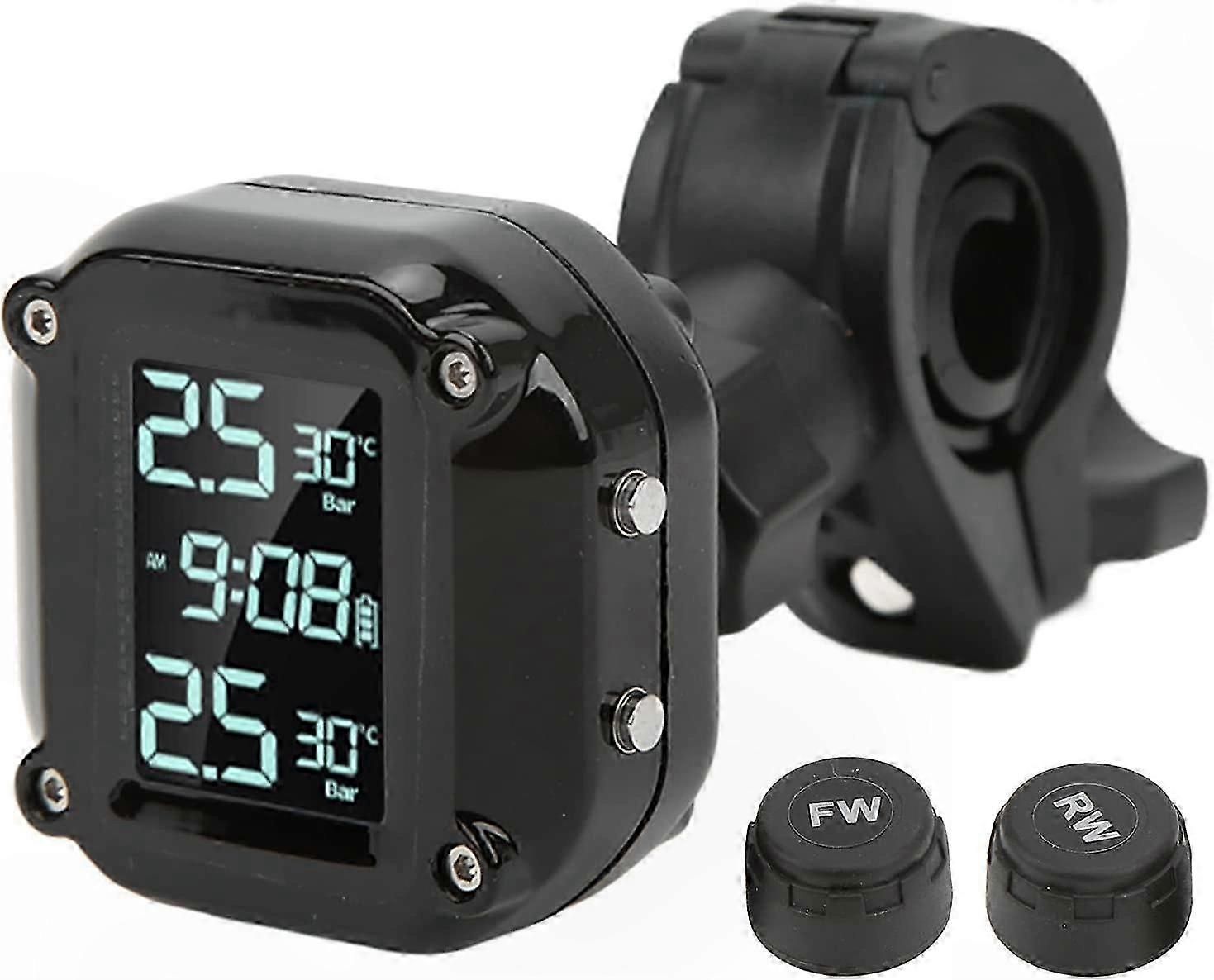 Rechargeable Tire Pressure Monitor with LCD Display and 2 External Sensors for Motorbike Safety Alerts