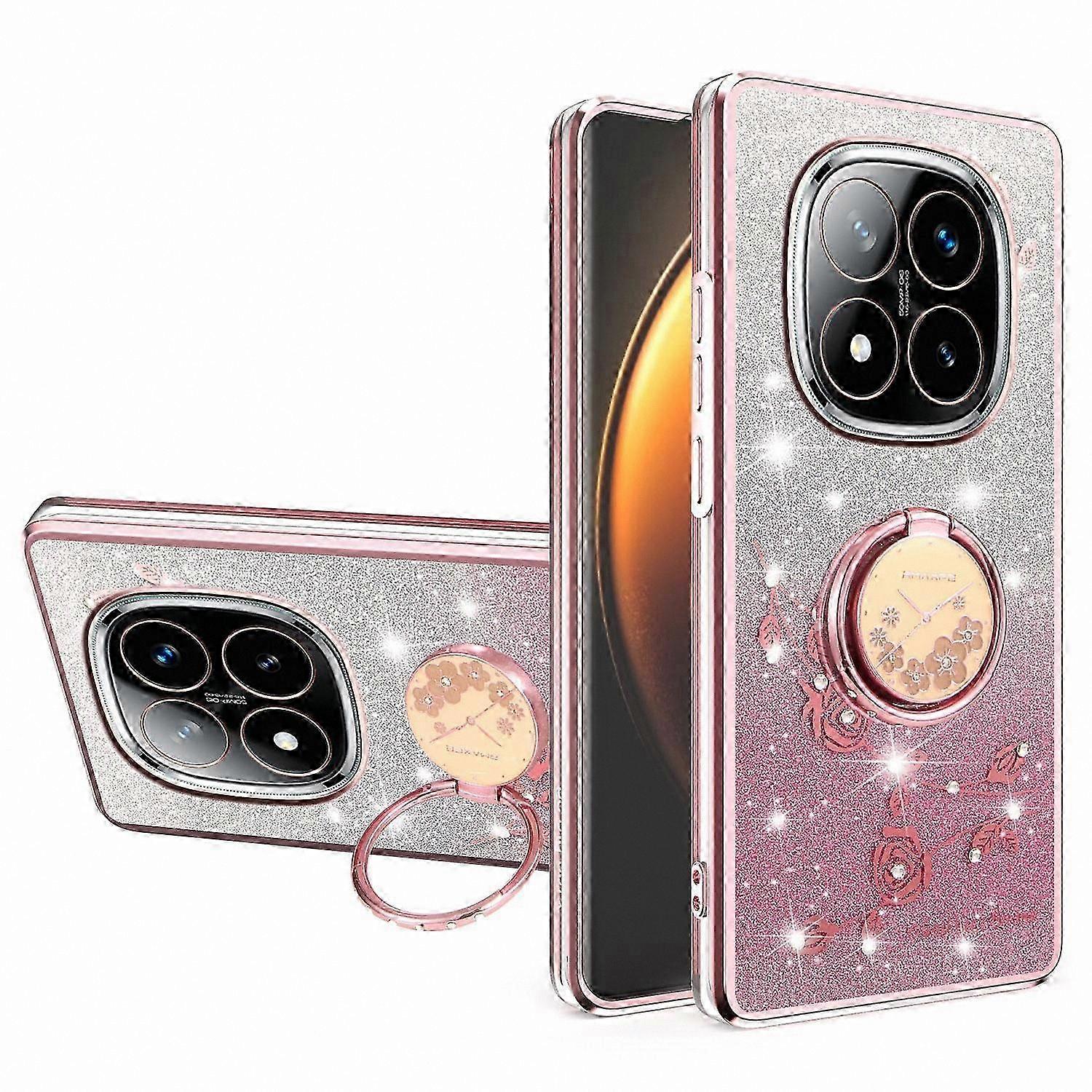 Gradient Glitter TPU Phone Case with Ring Kickstand for Redmi Note 14 Pro+ 5G, Flower Design Cover