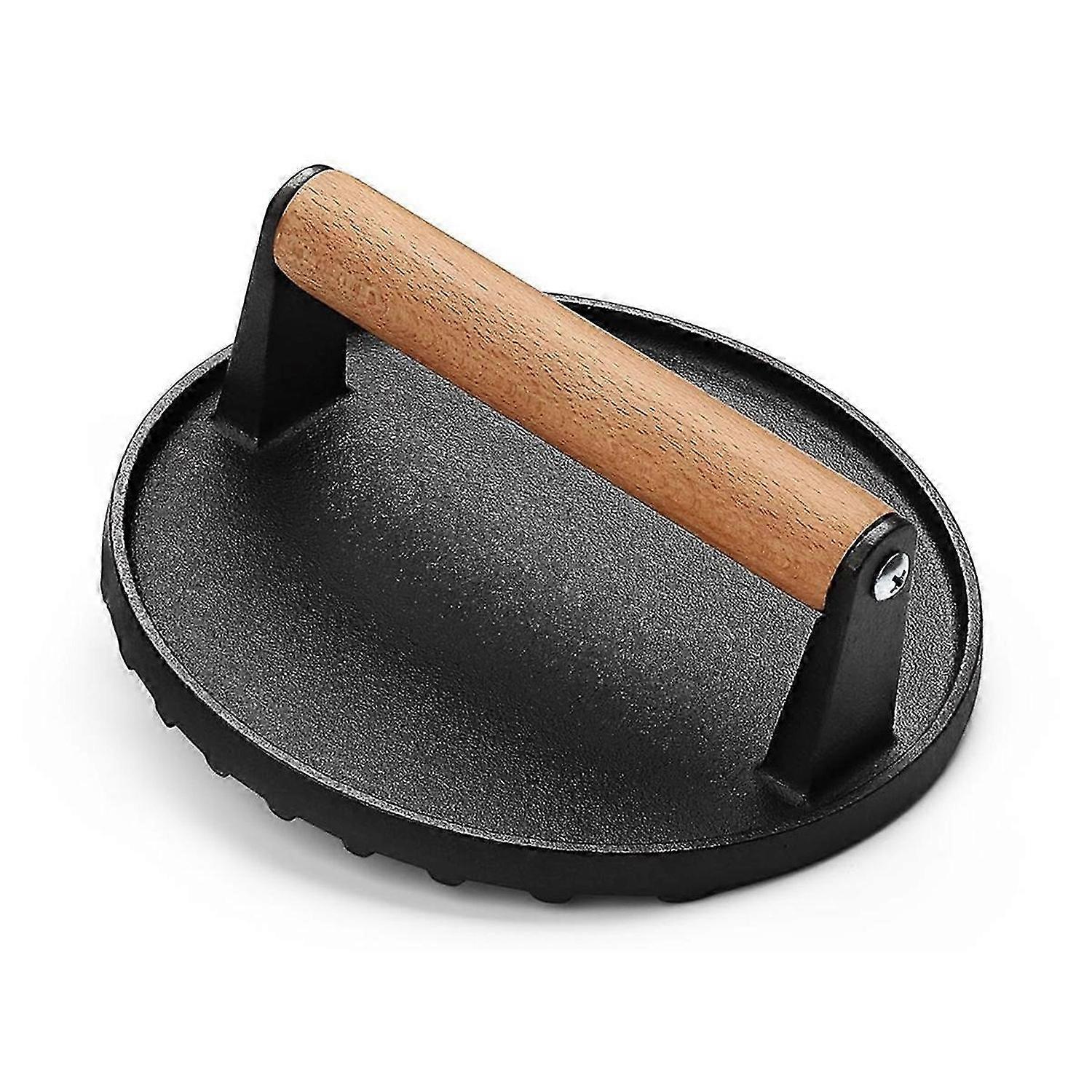Burger Press 7Inch Round Cast Iron Smash Bacon Press Meat Steak with Wood Handle for Griddle, Sandwich, Nonstick Pan