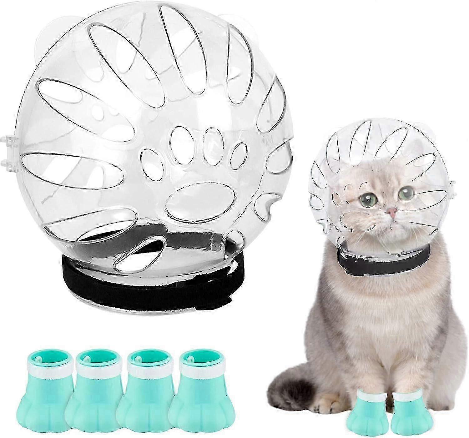 Cat Muzzle and 4 Paw Covers Set S/L Sizes Adjustable Breathable Anti-bite and Anti-scratch for Grooming and Medical Use