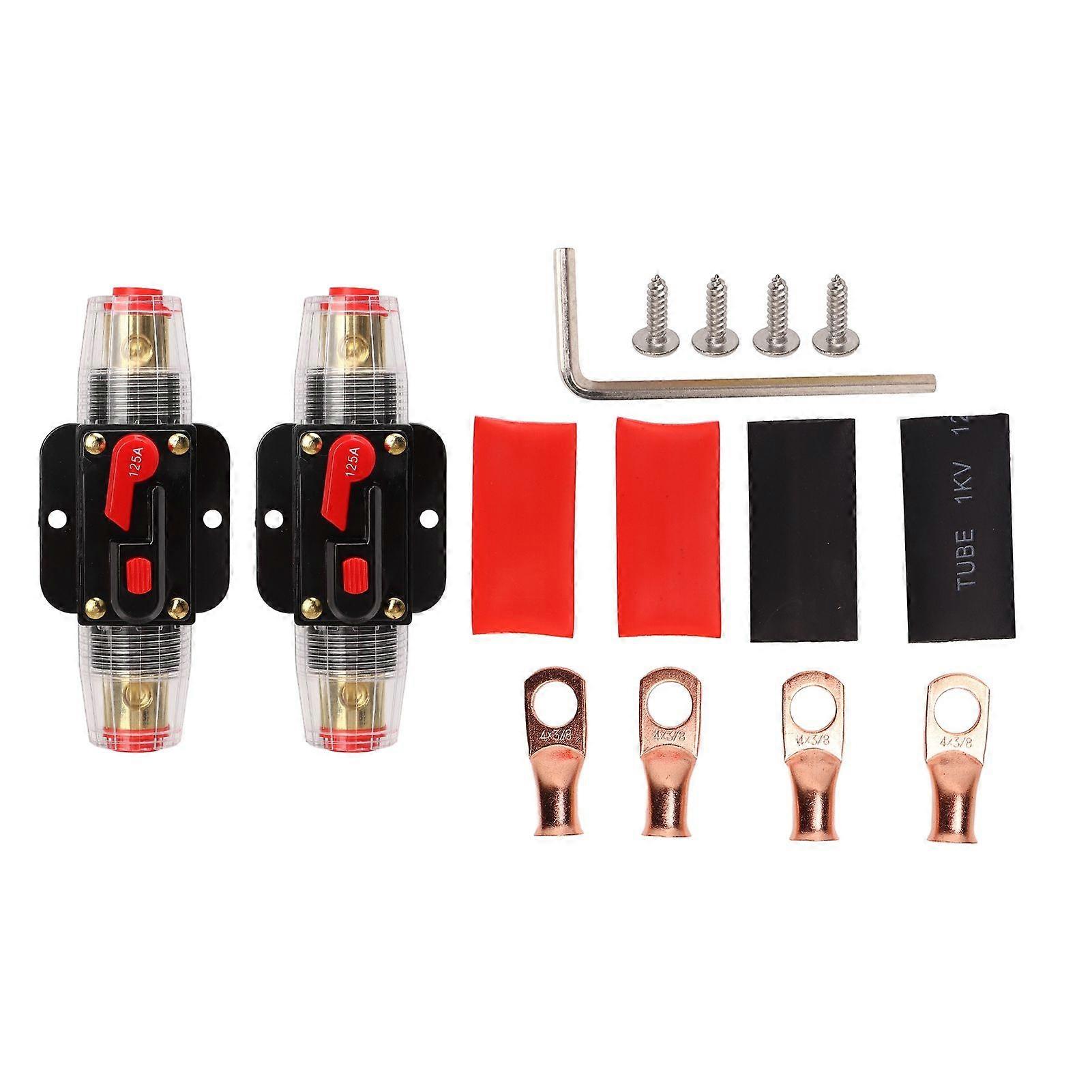 1224V Inline Circuit Breaker with Manual Reset Fuse Holder Battery Lugs Heat Shrink Tubes for Car Boat Audio System 125A