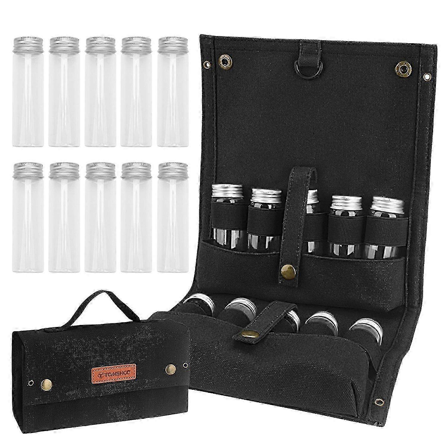 TOMSHOO Portable Spice Bag with 10 Spice Jars Canvas Seasoning Storage Bag Organizer Seasoning Bottl