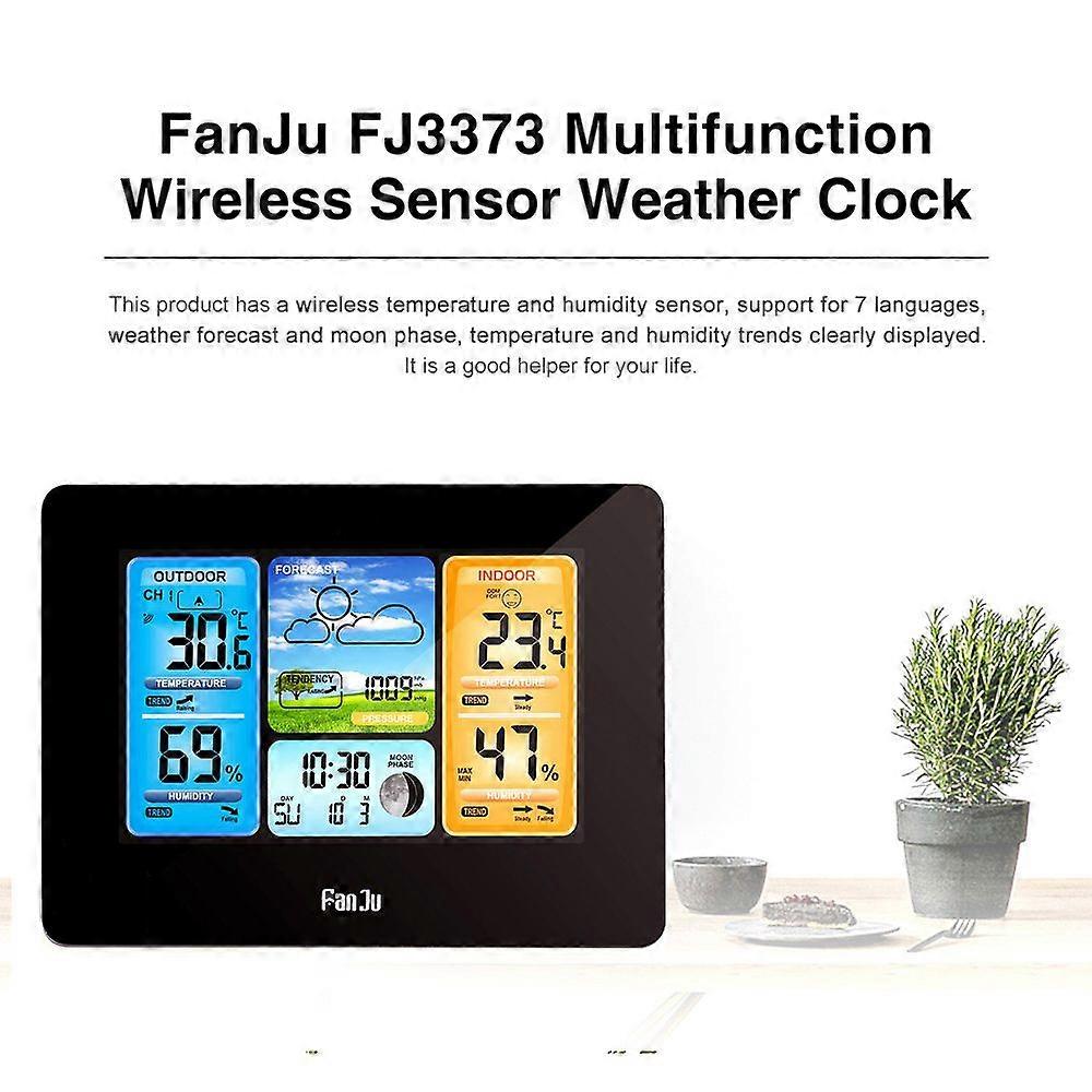 FJ3373 Multifunction Digital Weather Station LCD Alarm Clock Indoor Outdoor Weather Forecast Barometer Thermometer Hygrometer with Outdoor Sensor USB