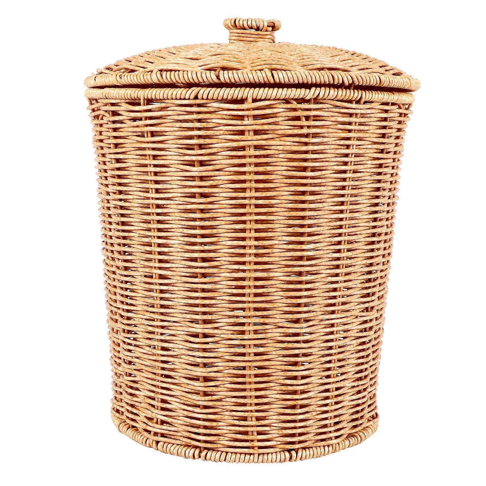 Woven Basket Trash Can Round Rattan Waste Basket With Lid Planter Compatible Wicker Storage Basket
