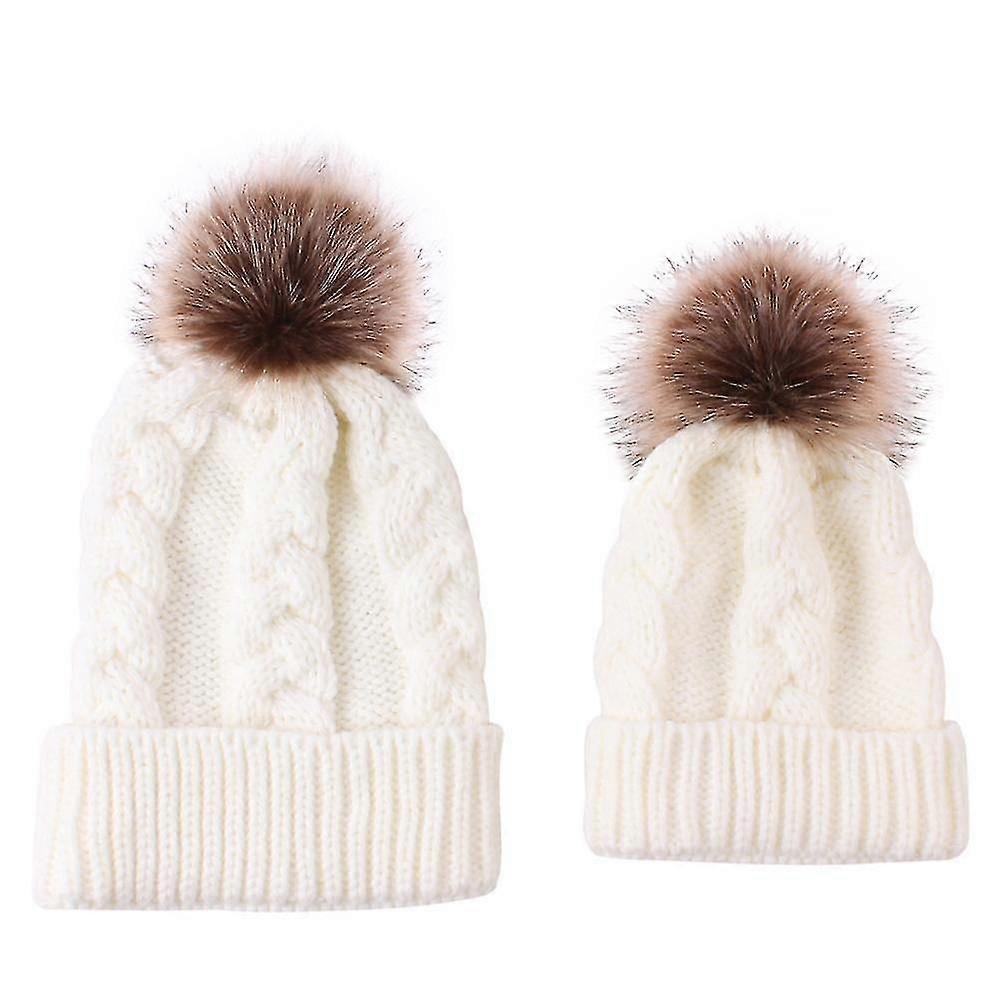Knit Hat Warm With Fur Pom Pom 2pcs