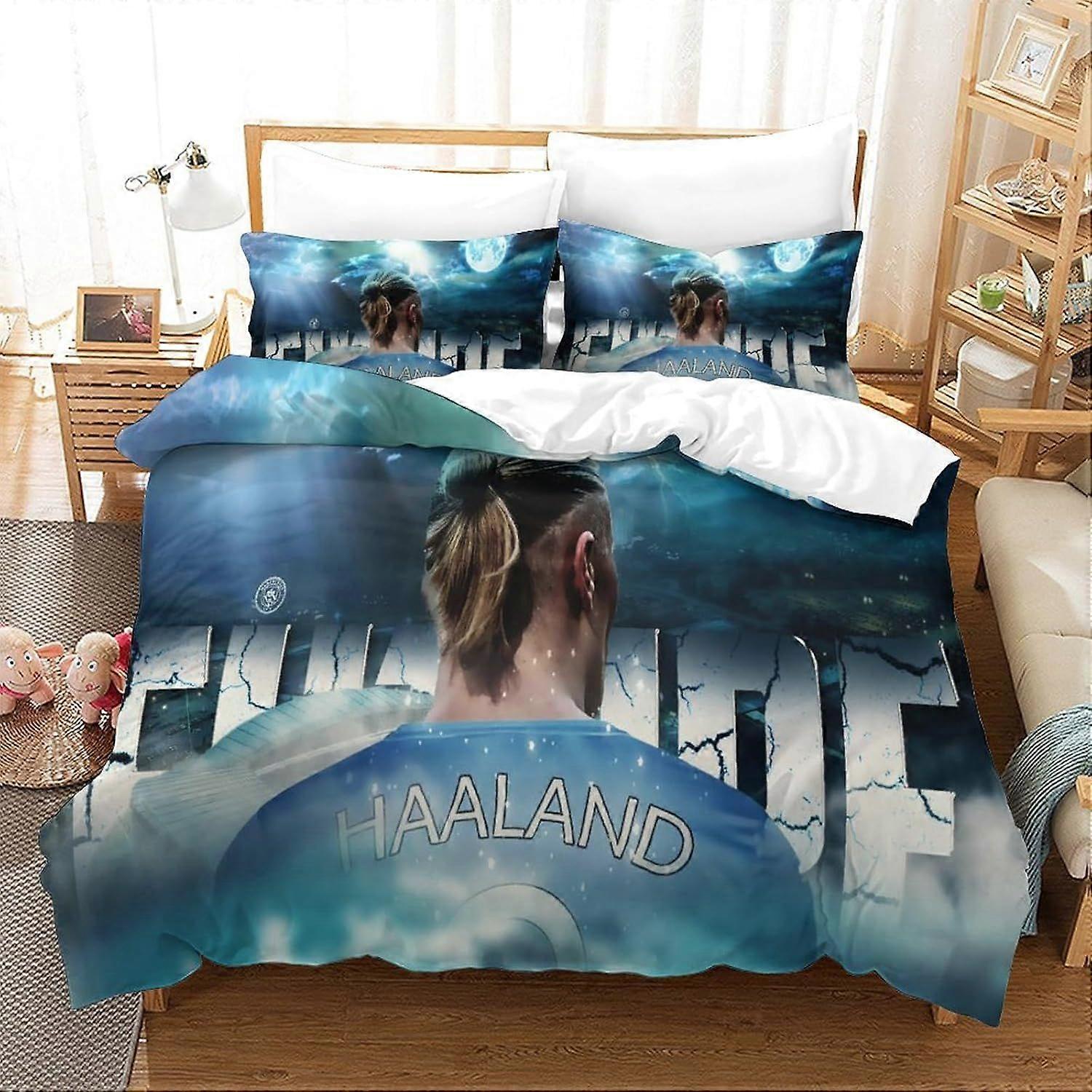 Conjunto de Capa de Edredom Erling Haaland Impresso em 3D Conjuntos de Cama Futebol Superstar Ultra Soft Capa de Colcha de Microfibra com Fechamento com Zíper para Adolescentes Adultos 3-torta