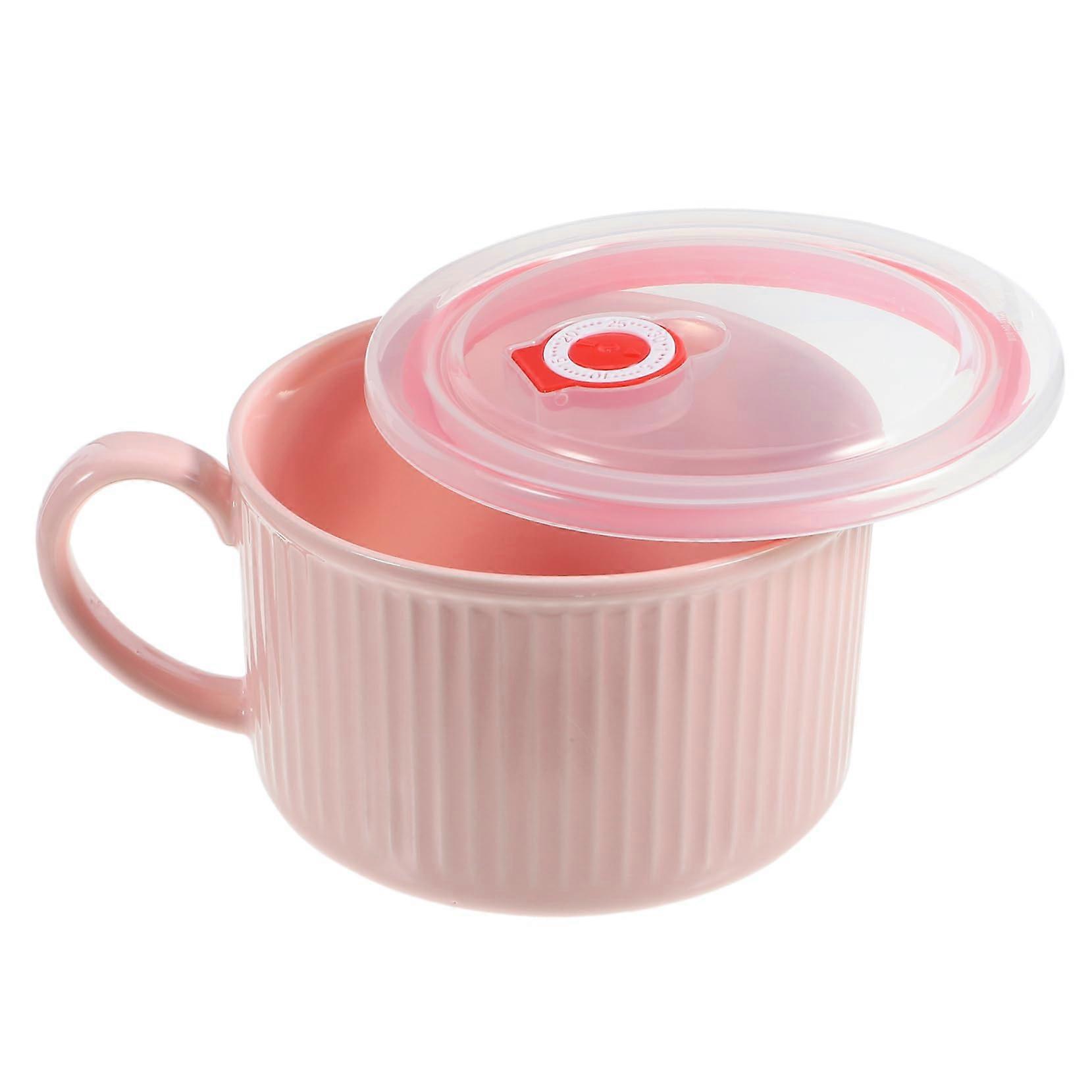 Ceramic Noodle Bowl with Lid and Handle Pink Microwave Safe Soup Ramen Cereal Storage
