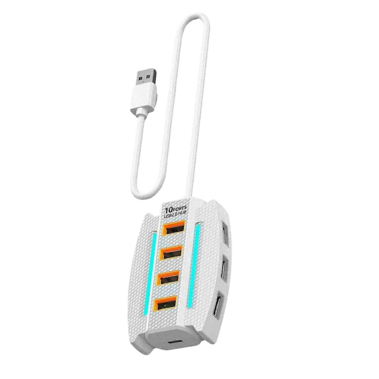 10 Port USB 2.0 Hub Data Transfer Expander USB Dock Station Expansion Dock with Ambient Light 120cm Cable USB Extension  1.2 m white