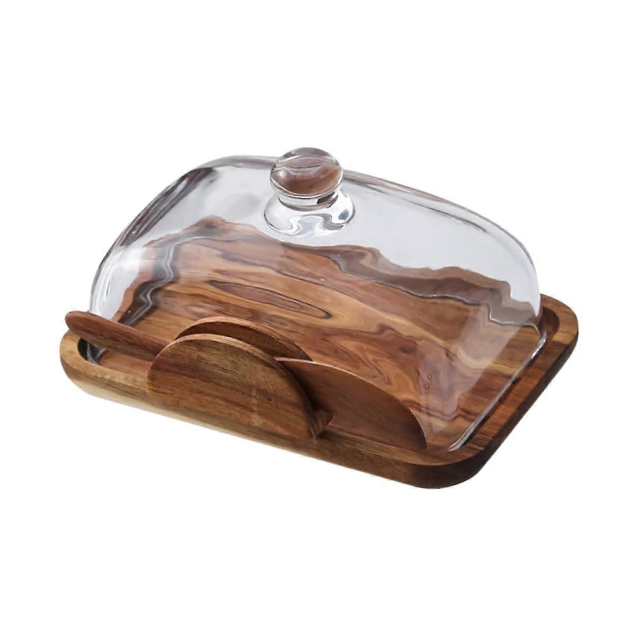 Rustic Wooden Bread Box and Butter Dish with Glass Lid Keeps Food Fresh Countertop Storage