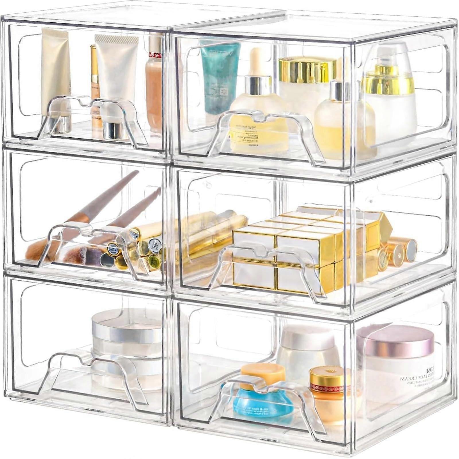 6 Pack Stackable Plastic Storage Drawers, Clear Acrylic Organizer for Kitchen, Bathroom and Makeup