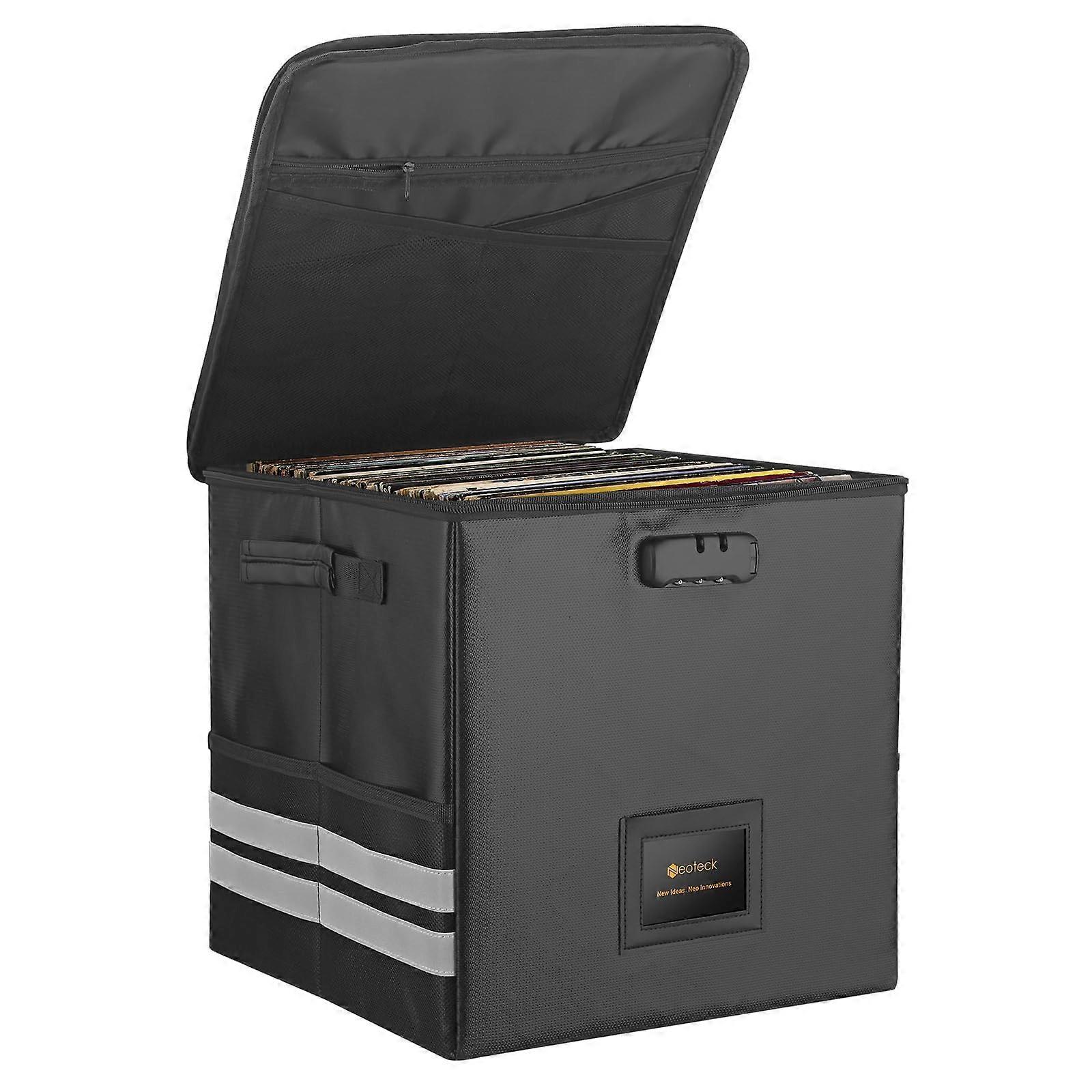 Fireproof Waterproof Vinyl Record Storage Box with Lock Holds 62 LPs Foldable Organizer with Pockets