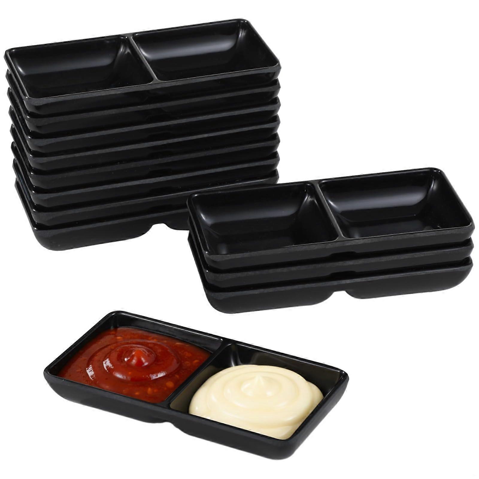 Black Melamine Divided Serving Dishes Set of 12, 2Compartment Easy Clean Stackable Plates