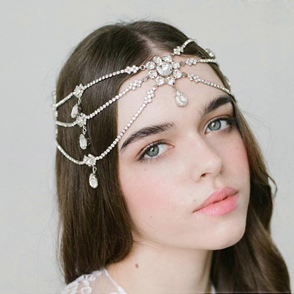 Bridal Headpiece Silver Rhinestone Headband with Elegant Adjustable Crystal Forehead Chain for Wedding