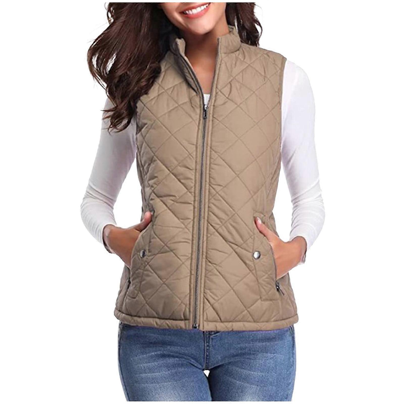 Vest for Women Winter Fall Basic Button Vest Solid Keep Warm Sleeveless Jacket with Pocket,Khaki