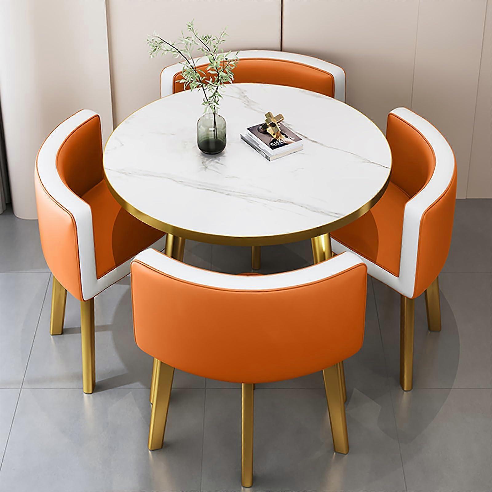 Round Dining Table Set with 4 Chairs, Compact SpaceSaving Design, Modern Orange Finish for Kitchen