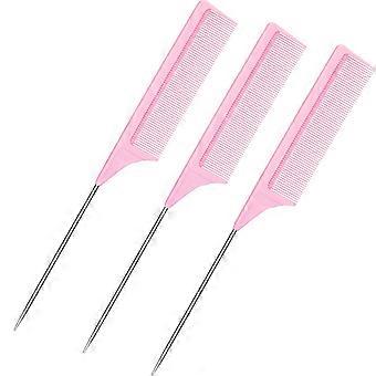 (Rosa) 3 Pacotes de Pente de Cauda de Rato Aço Pin Rat Tail Fibra de Carbono Resistente ao Calor Pentes de Provocação com Pintail de Aço Inoxidável