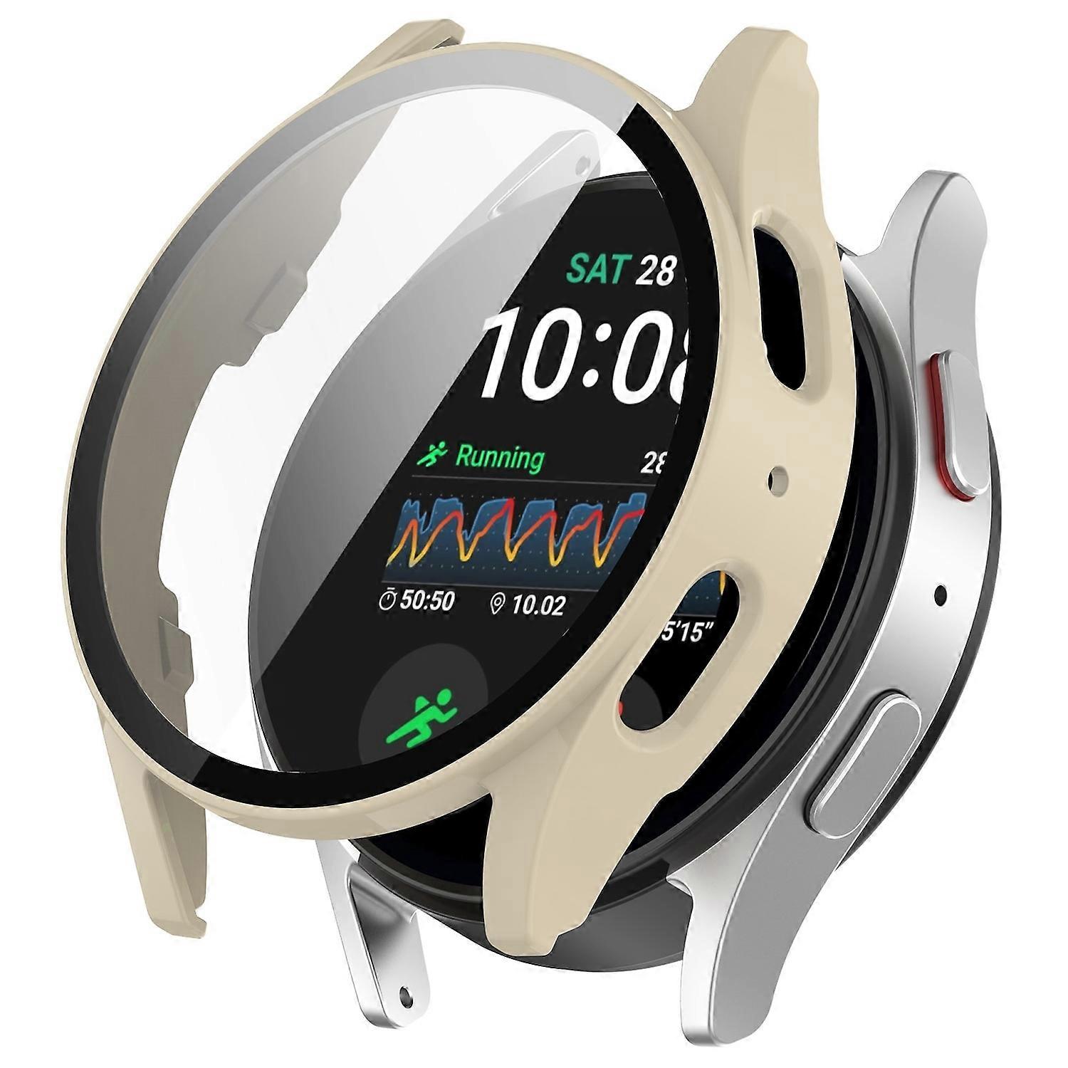 For Samsung Galaxy Watch 7 44mm Plastic PC Smart Watch Case + Tempered Glass Protector Beige