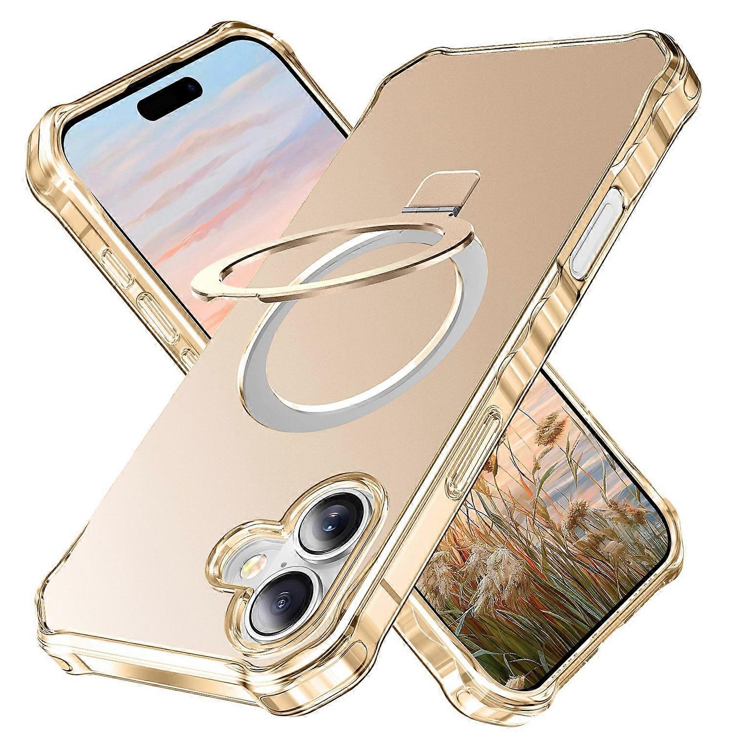 For Apple iPhone 16 Plus Solid Color Wave Design MagSafe Ring Holder Case Gold
