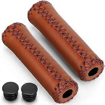 Comfort Handle Bar Grips for Bicycles, 2Pcs Brown Leather Bike Handlebar Grips Vintage Handlebar Cover Grip Fits Most 22.2mm (7/8") Bicycle Handlebar 