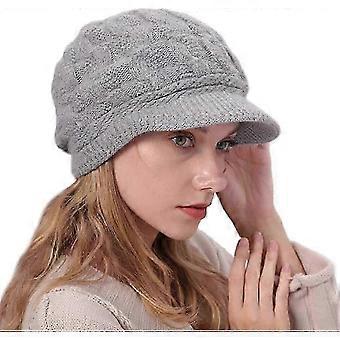 Women's Knitted Beret Hat with Visor, Warm Fleece-Lined Beanie for Winter Skiing and Daily Wear