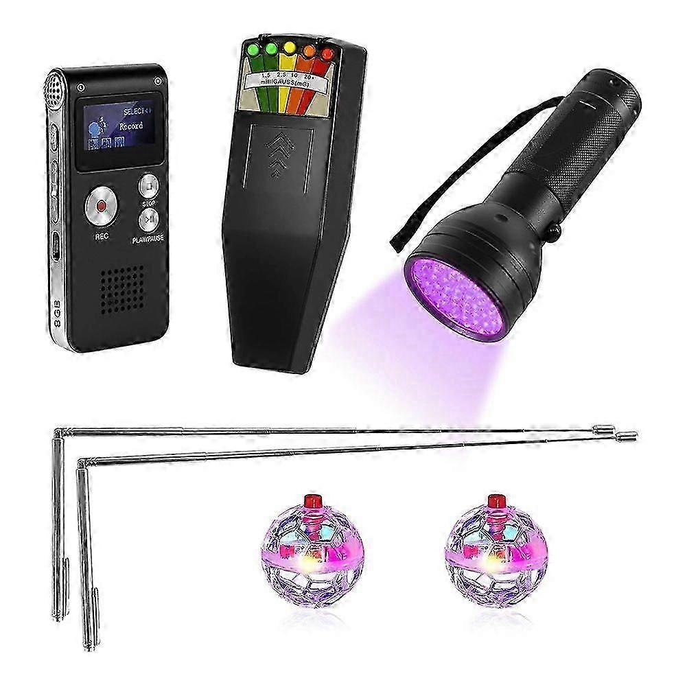 Kit d'équipement pour passionnés de paranormal, comprenant un détecteur de champs électromagnétiques, un appareil d'enregistrement de phénomènes de voix électroniques (PVE), des baguettes de sourcier et une lampe UV à usage récréatif. Édition 1210