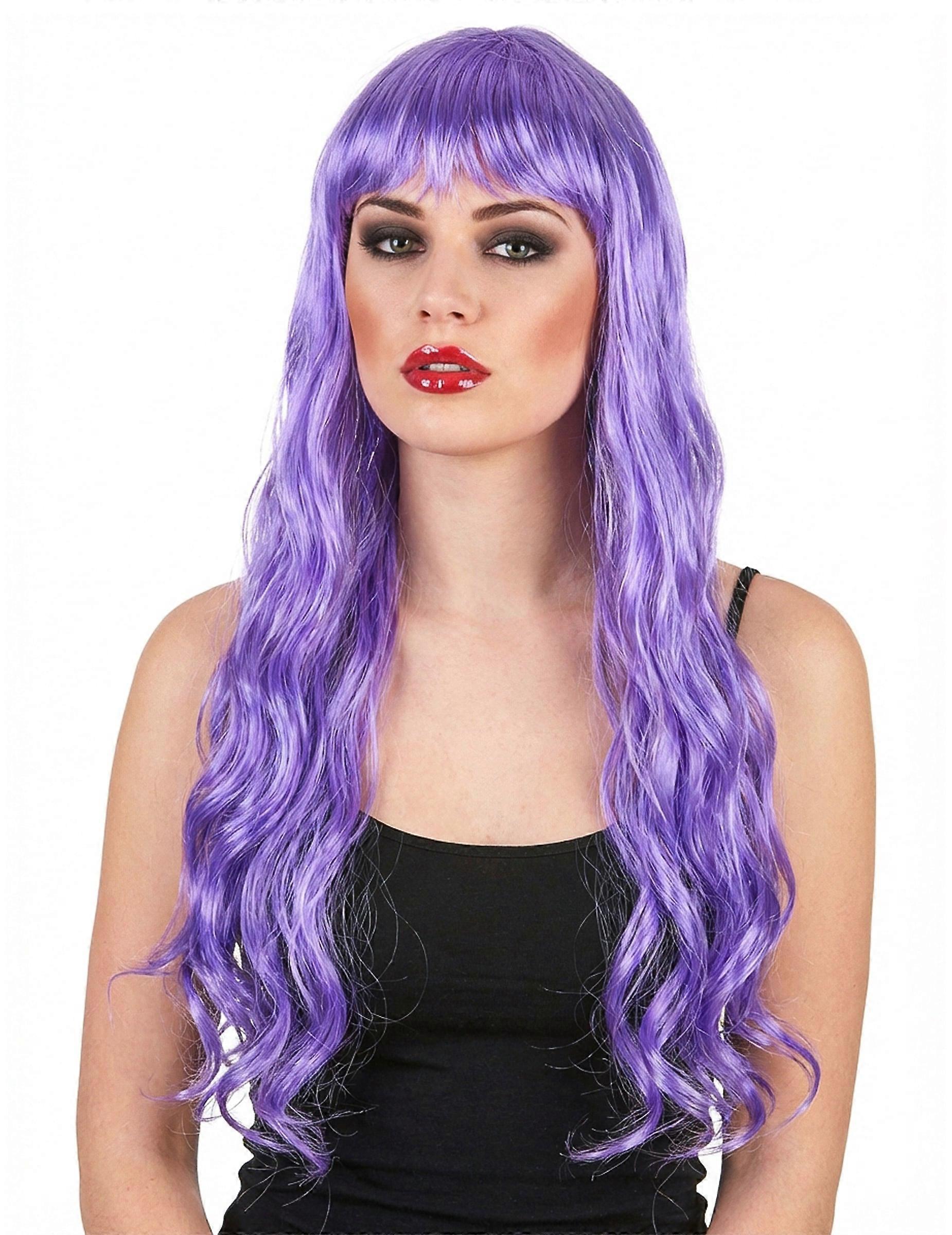 Women's Long Wavy Purple Wig with Bangs