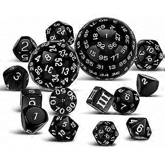 Set van 15 polyhedrale dobbelstenen met de getallen D3 tot D100