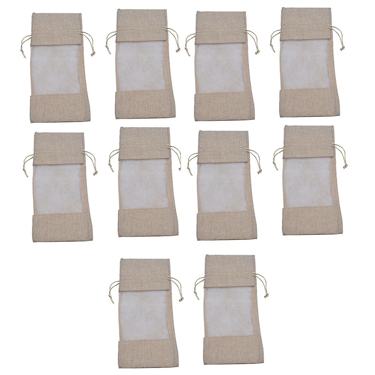10Pcs Burlap vinflaske poser vinposer med ren vindu Hessian Drawstring gaver poser til vin Ta